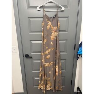 Lulus Floral Maxi Dress Taupe Yellow V-Neck High-Low Ruffle Hem Small